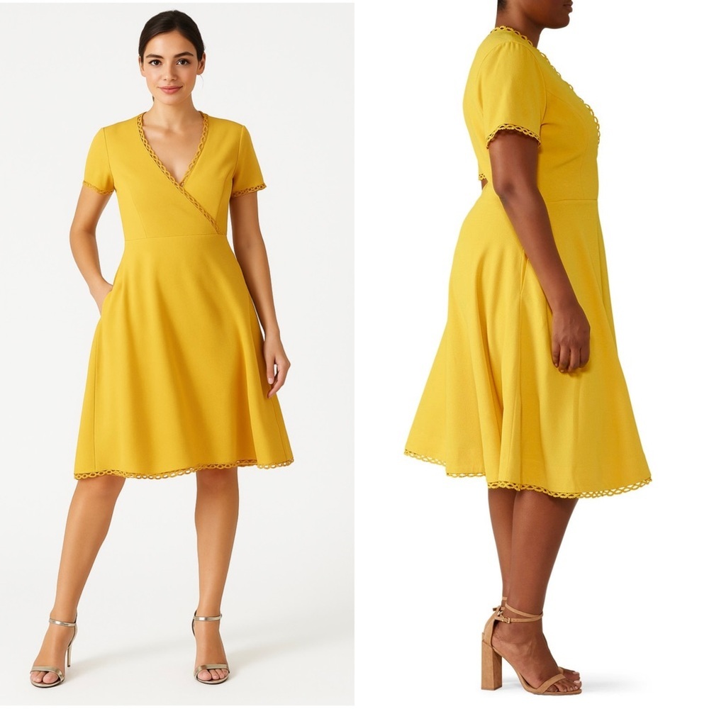 Dress The Population Lace Trim Short Sleeve Wrap V-Neck Fit & Flare Mini Dress M